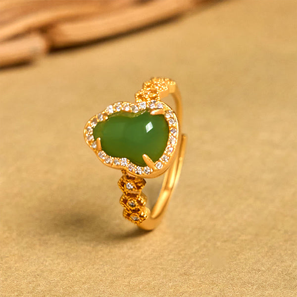 FREE Today: Strength Wealth Vintage Gourd Green Chalcedony Copper Plated Gold Adjustable Ring
