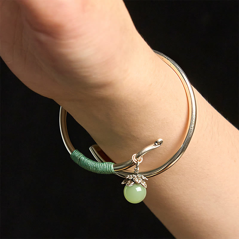 Buddha Stones Copper Alloy Green Bead Charm Luck Cuff Bracelet Bangle