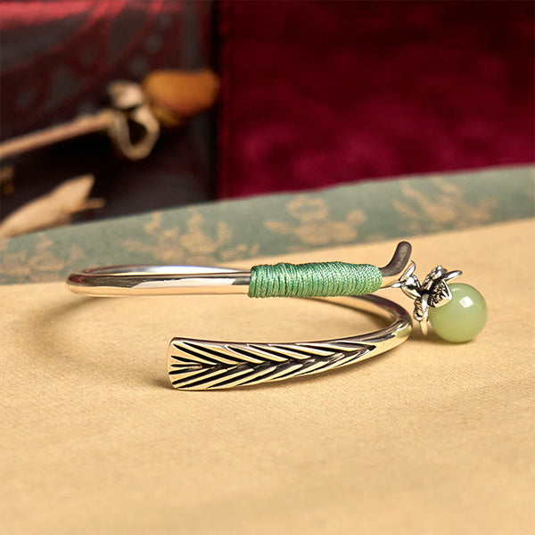 Buddha Stones Copper Alloy Green Bead Charm Luck Cuff Bracelet Bangle