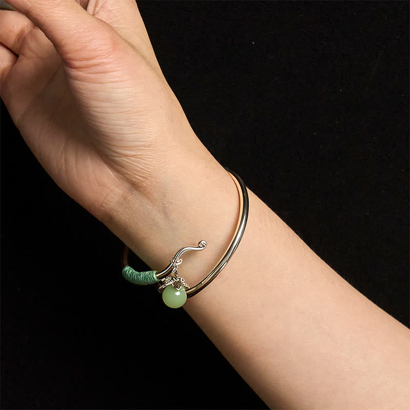 Buddha Stones Copper Alloy Green Bead Charm Luck Cuff Bracelet Bangle