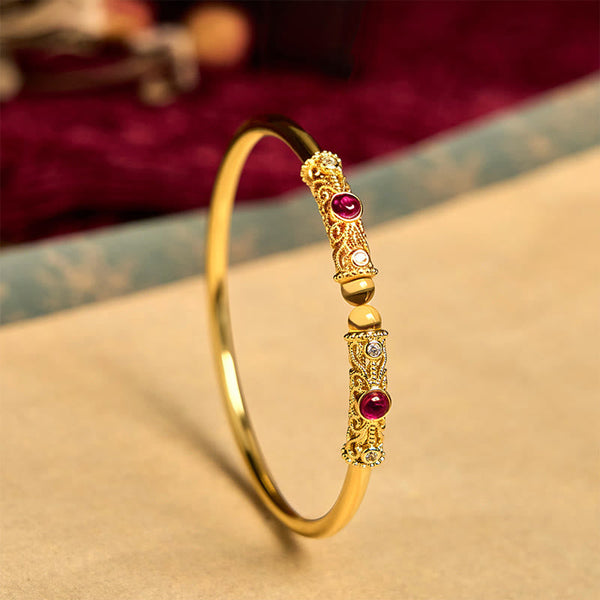 Buddha Stones Golden Flower Pattern Red Zircon Amber Copper Luck Cuff Bracelet Bangle