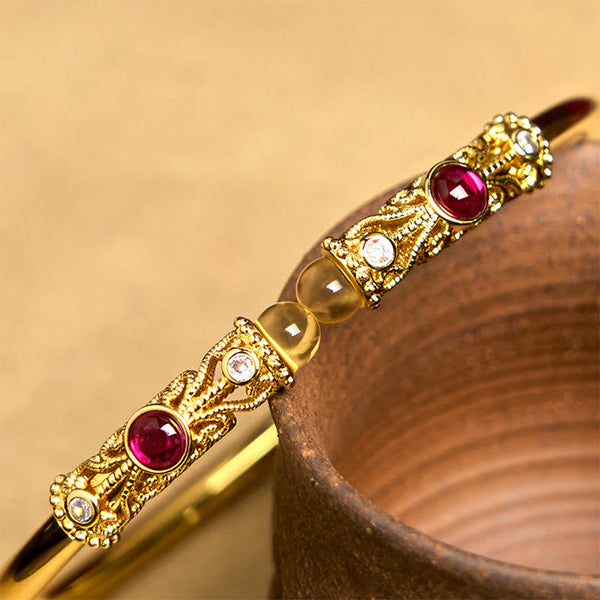 Buddha Stones Golden Flower Pattern Red Zircon Amber Copper Luck Cuff Bracelet Bangle