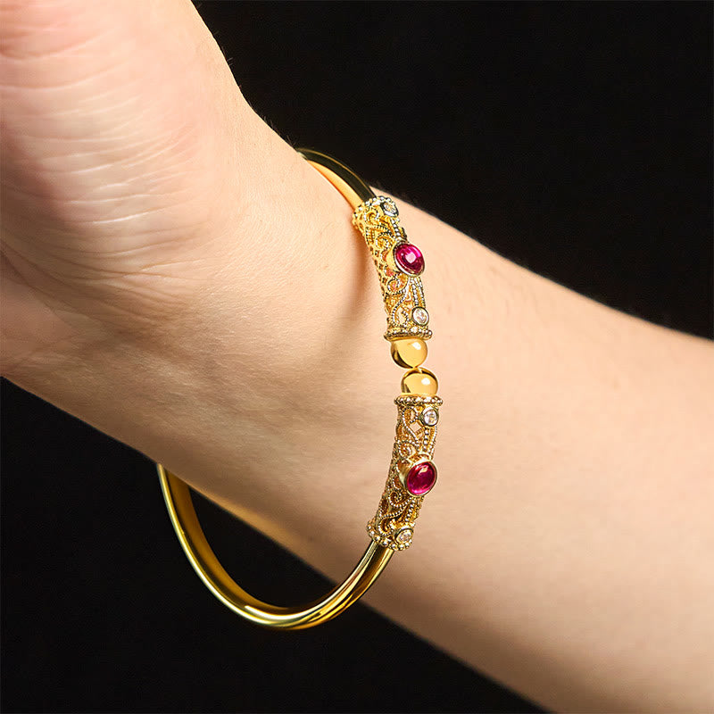 Buddha Stones Golden Flower Pattern Red Zircon Amber Copper Luck Cuff Bracelet Bangle