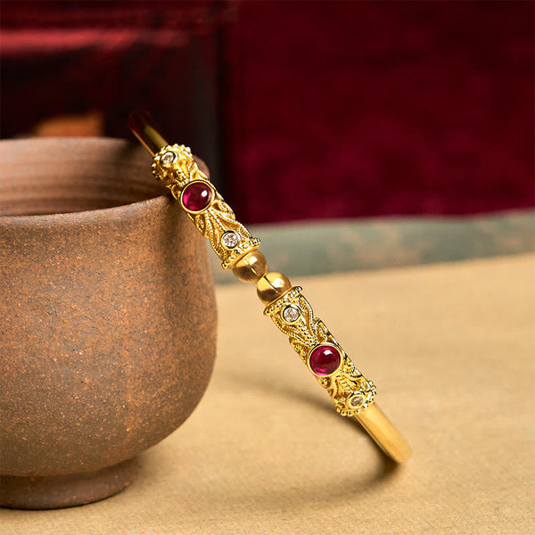FREE Today: Luck and Healing Golden Flower Pattern Red Zircon Amber Copper Cuff Bracelet Bangle