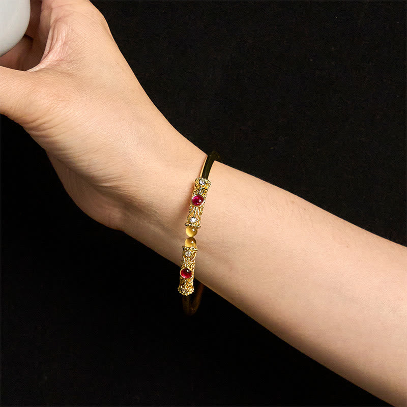 Buddha Stones Golden Flower Pattern Red Zircon Amber Copper Luck Cuff Bracelet Bangle