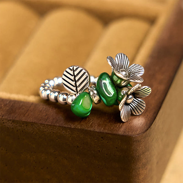 Buddha Stones Flower Pattern Copper Alloy Luck Elastic Rope Ring