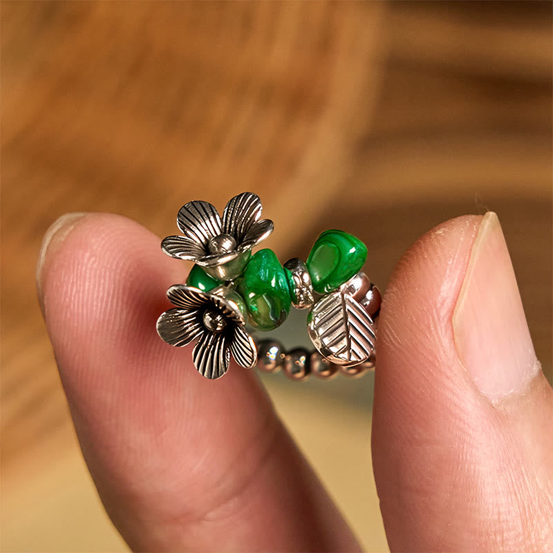 Buddha Stones Flower Pattern Copper Alloy Luck Elastic Rope Ring