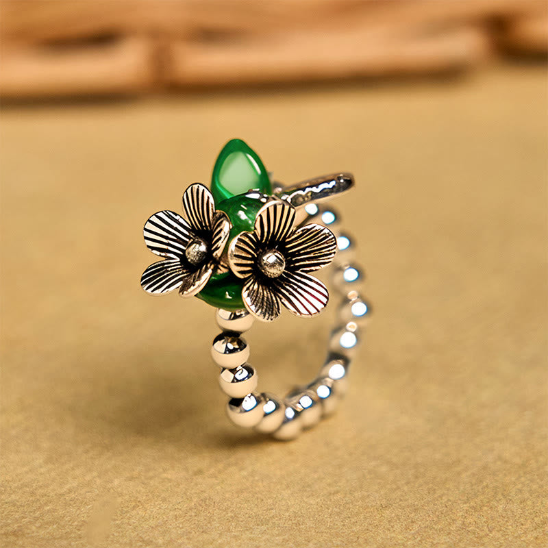 Buddha Stones Flower Pattern Copper Alloy Luck Elastic Rope Ring