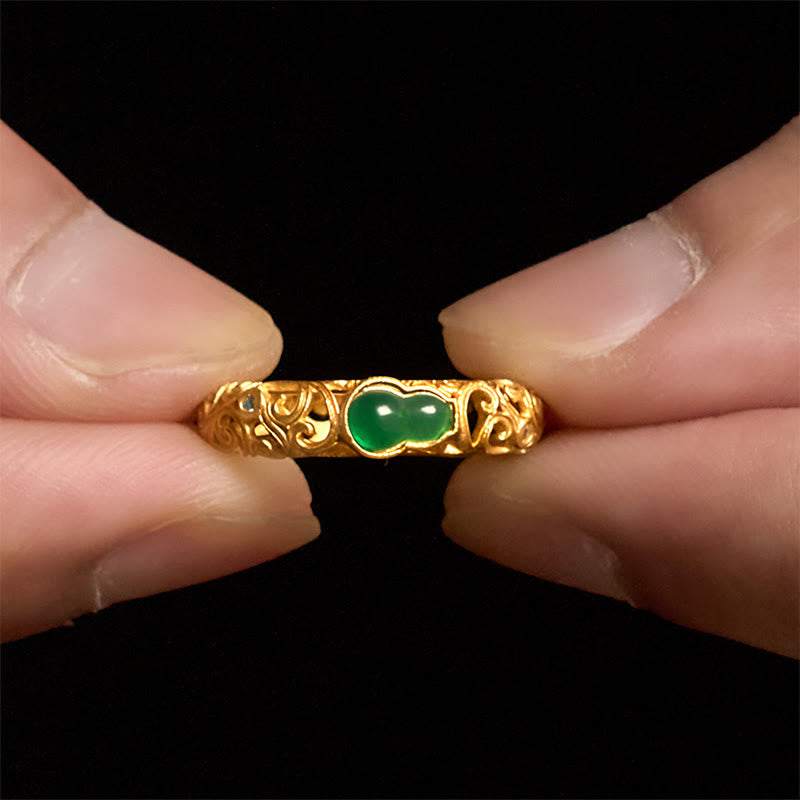 Buddha Stones Vintage Gourd Green Chalcedony Copper Alloy Wealth Ring