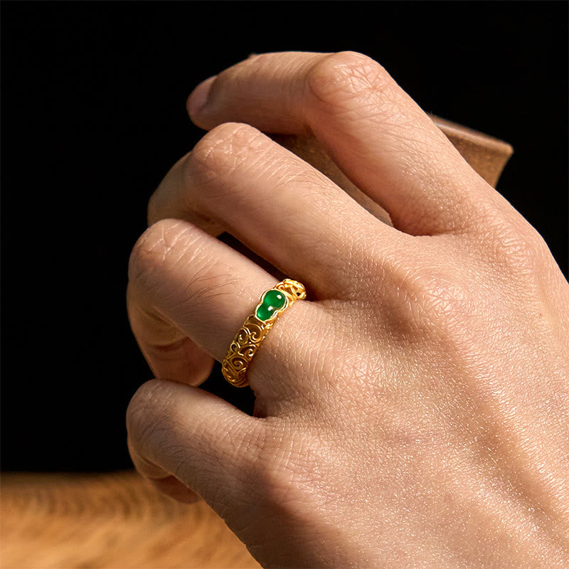Buddha Stones Vintage Gourd Green Chalcedony Copper Alloy Wealth Ring