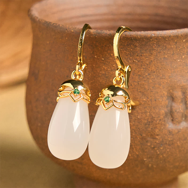 Buddha Stones Green Chalcedony Water Drop Strength Copper Posts Earrings