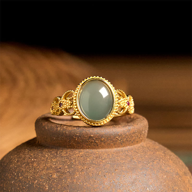 Buddha Stones Natural 925 Sterling Silver Plated Gold Hollow Design Jade Luck Ring