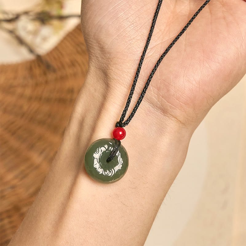 Buddha Stones Peace Buckle Auspicious Clouds Cyan Jade Necklace Luck Pendant