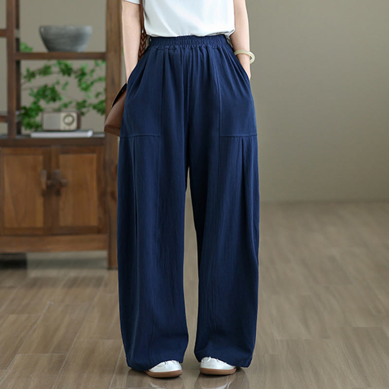 Buddha Stones Plain Pleated Design Ankle-Length Women's Cotton Linen Pants With Pockets
