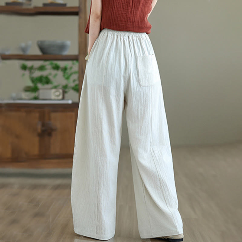 Buddha Stones Plain Pleated Design Ankle-Length Women's Cotton Linen Pants With Pockets