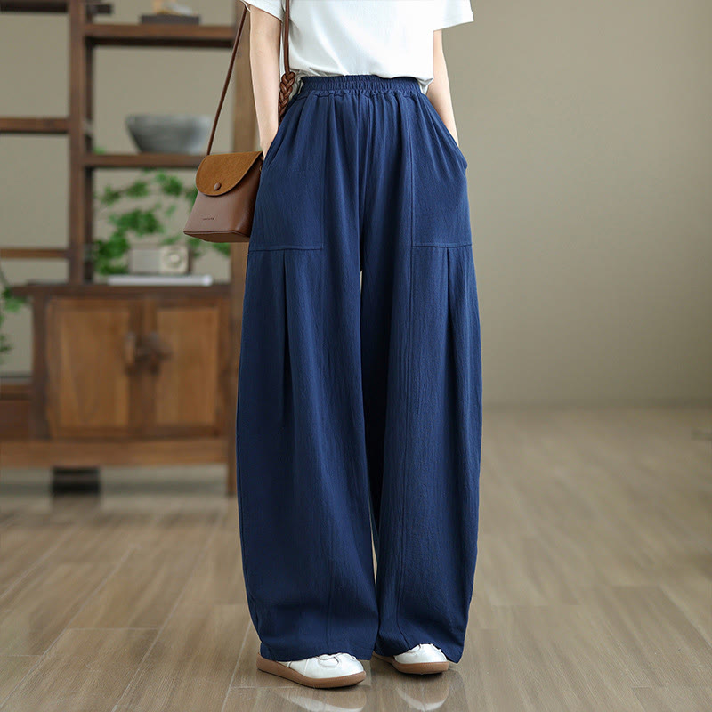 Buddha Stones Plain Pleated Design Ankle-Length Women's Cotton Linen Pants With Pockets