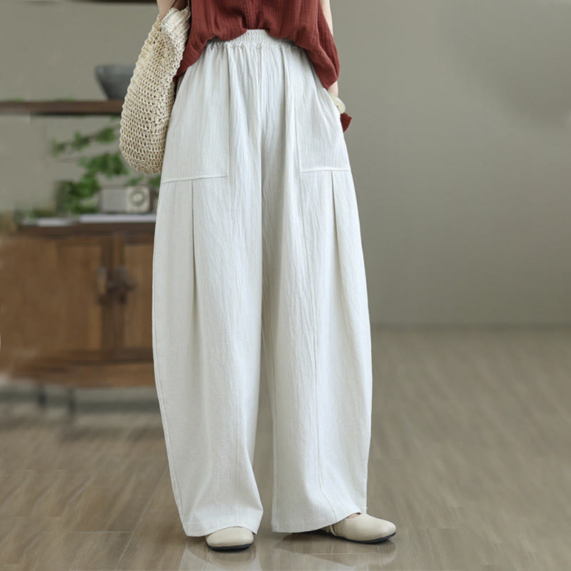 Buddha Stones Plain Pleated Design Ankle-Length Women's Cotton Linen Pants With Pockets