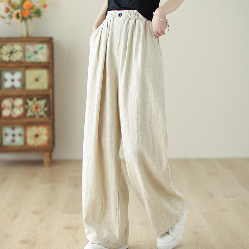 Buddha Stones Commute Button Design Women's Cotton Linen Elastic Waistband Pants With Pockets