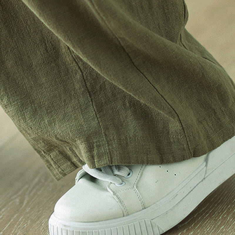 Buddha Stones Commute Button Design Women's Cotton Linen Elastic Waistband Pants With Pockets