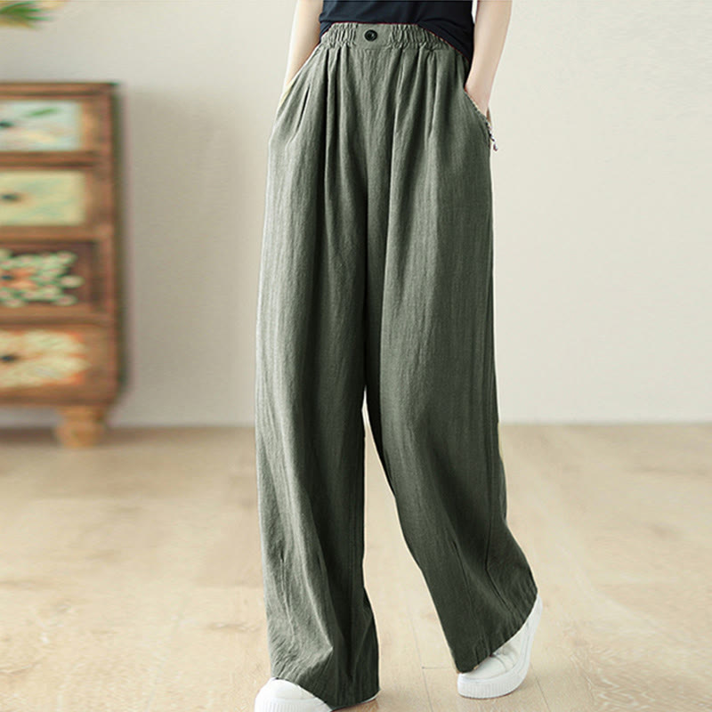 Buddha Stones Commute Button Design Women's Cotton Linen Elastic Waistband Pants With Pockets