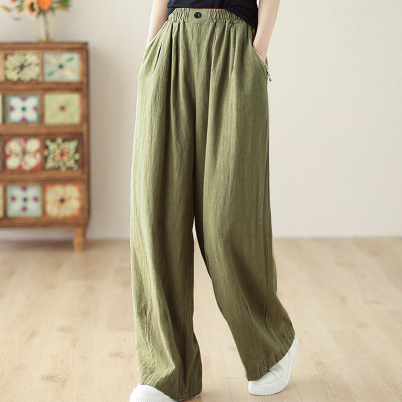 Buddha Stones Commute Button Design Women's Cotton Linen Elastic Waistband Pants With Pockets