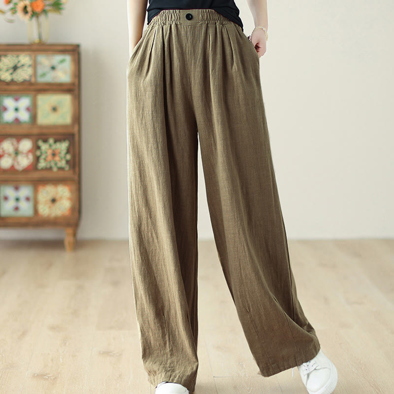 Buddha Stones Commute Button Design Women's Cotton Linen Elastic Waistband Pants With Pockets