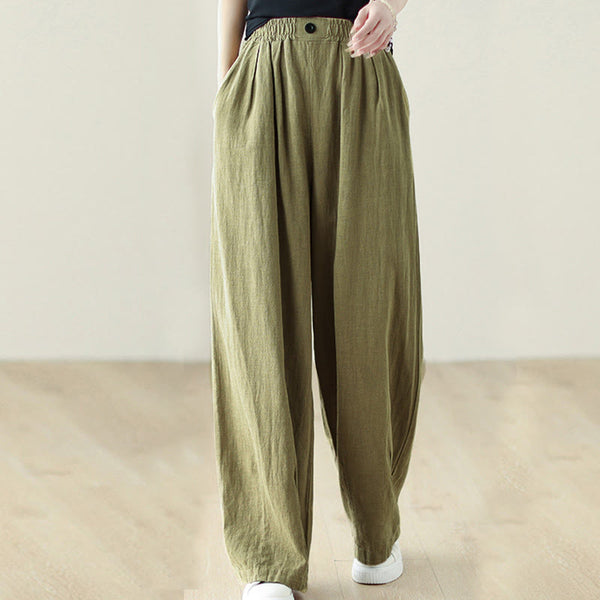 Buddha Stones Commute Button Design Women's Cotton Linen Elastic Waistband Pants With Pockets