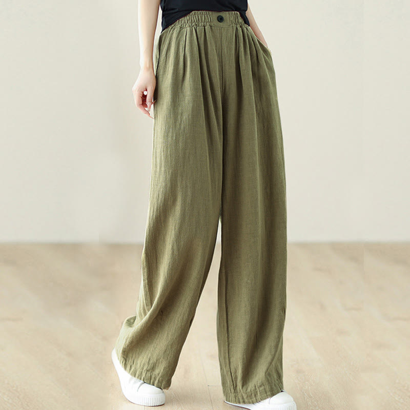 Buddha Stones Commute Button Design Women's Cotton Linen Elastic Waistband Pants With Pockets