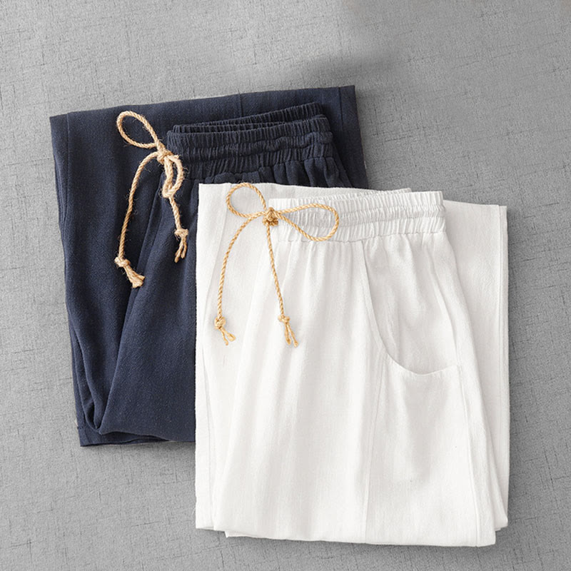 Buddha Stones Casual Pure Color Drawstring Simple Design Women's Cotton Pants With Pockets