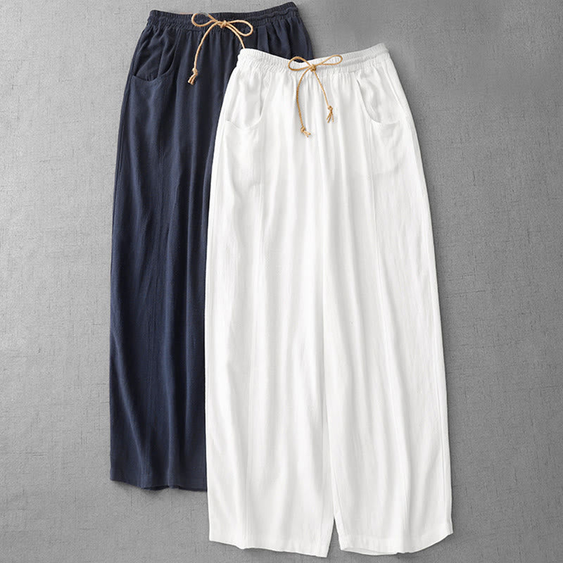 Buddha Stones Casual Pure Color Drawstring Simple Design Women's Cotton Pants With Pockets