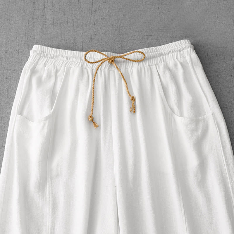 Buddha Stones Casual Pure Color Drawstring Simple Design Women's Cotton Pants With Pockets