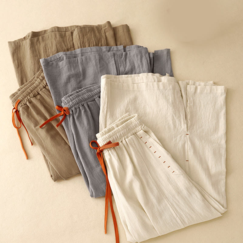 Buddha Stones Casual Side Slits Design Cotton Women's Wide Leg 7-8 Length Pants With Pockets