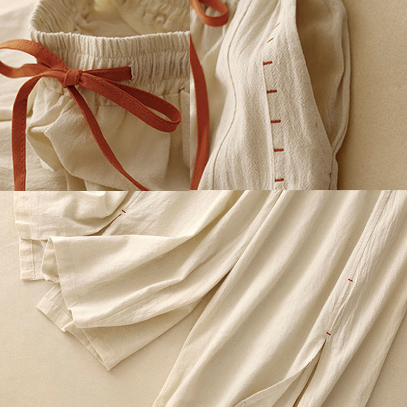 Buddha Stones Casual Side Slits Design Cotton Women's Wide Leg 7-8 Length Pants With Pockets