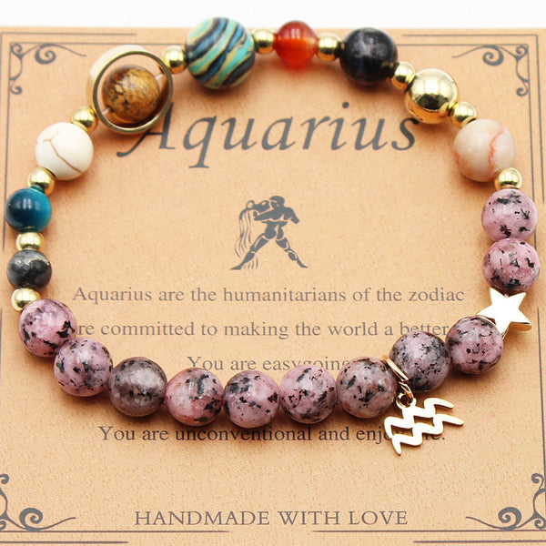 Cosmic Orbit Zodiac Bracelet – 8 Planets & 12 Constellations Natural Stone Edition
