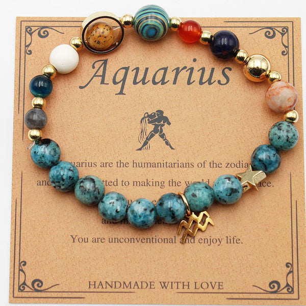 Cosmic Orbit Zodiac Bracelet – 8 Planets & 12 Constellations Natural Stone Edition